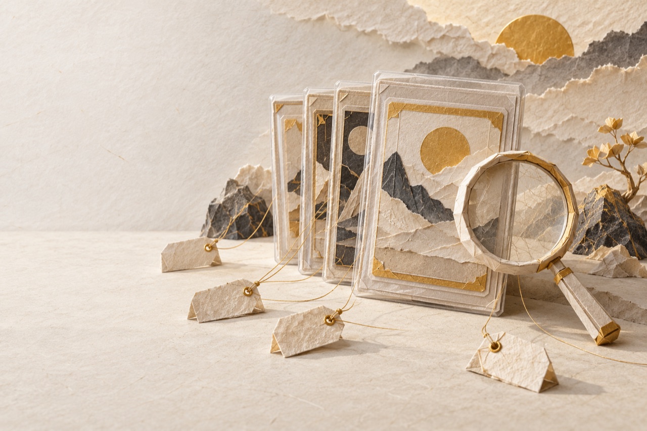 Folded paper trading cards in slabs beside a paper magnifying glass, each paper price tag tied to them by its own thread